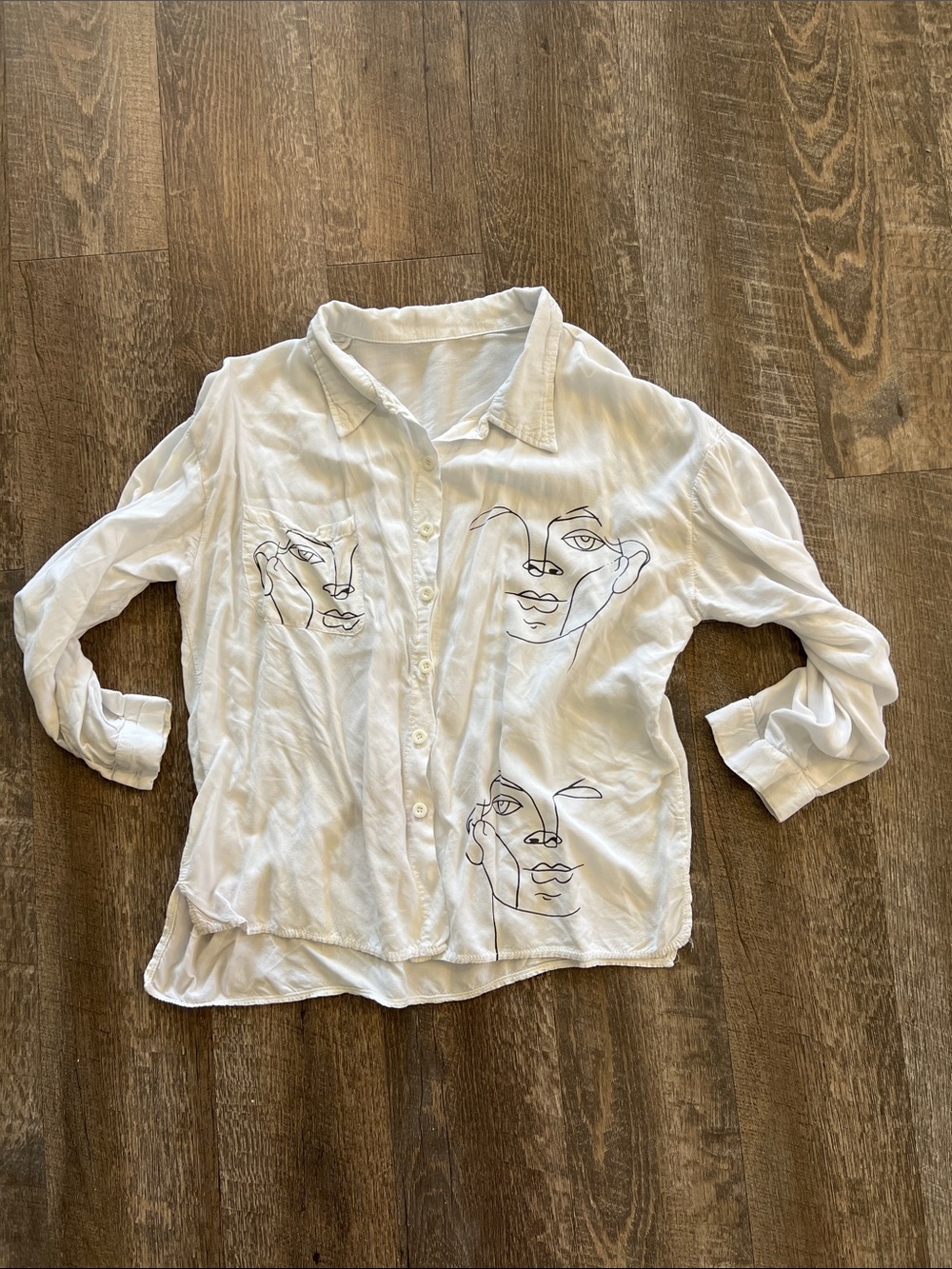 White Button-Up Shirt with Abstract Face Line Art